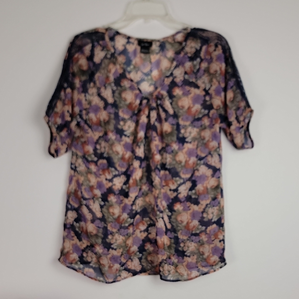 Lucie Rose Floral Sheer Black, Purple, Green, Rust Print Short Sleeve Top L